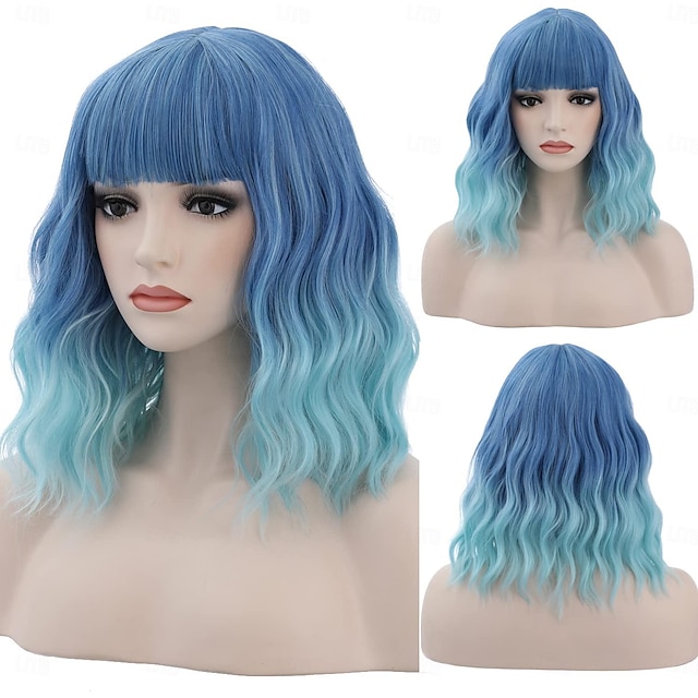  Blue Wigs for Women 14 Inches Short Blue Wavy Wig With Bangs 2 Tones Short Wigs for Cosplay Party Daily Wigs