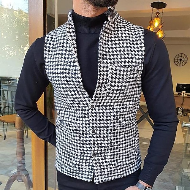  בגדי ריקוד גברים וסט Gilet יום יומי\קז'ואל מסורתי קיץ & אביב בסיסי פוליאסטר יום יומי כלב ציד חזה יחיד צווארון עומד(סיני) טופס התאמה שחור אֵפוֹד