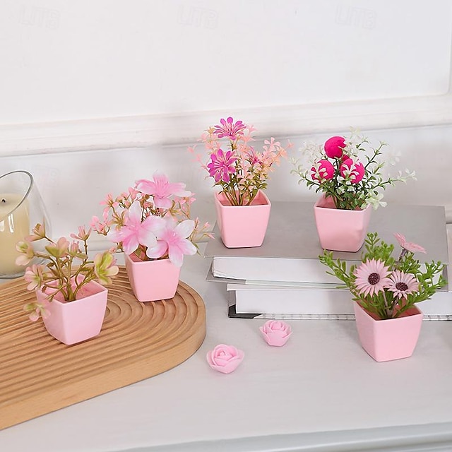  Ensemble de pots de fleurs artificielles 5 pièces/ensemble : fleurs décoratives comprenant des hortensias, des fleurs de prunier et des chrysanthèmes dans des pots roses - convient pour une