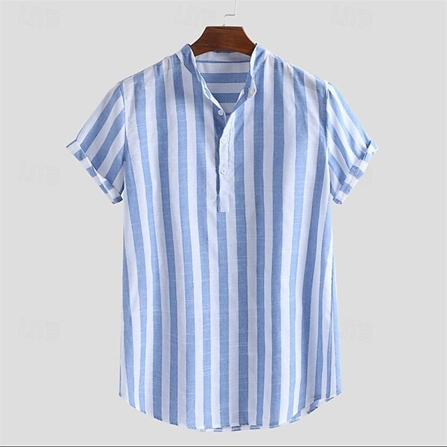  Men's Shirt Linen Shirt Cotton Linen Shirt Button Up Shirt Casual Shirt Summer Shirt Blue Short Sleeve Stripes Standing Collar Summer Street Hawaiian Clothing Apparel