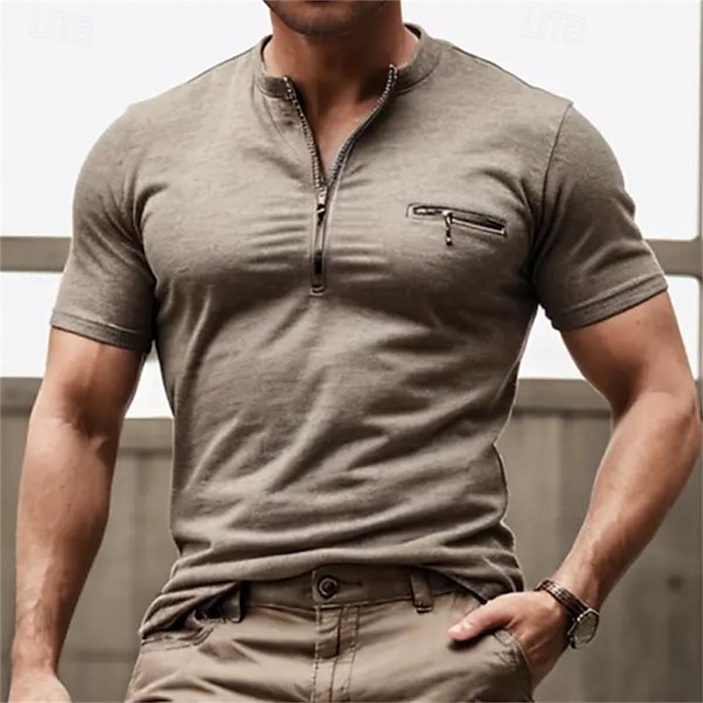  Per uomo maglietta Mezza camicia con zip T-shirt Liscio mezza cerniera Strada Da mare Maniche corte Tasca con cerniera Abbigliamento Di tendenza Originale Essenziale