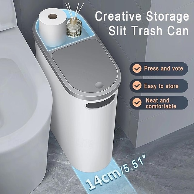  Lata de lixo de banheiro de 1 unidade, lata de lixo com fenda criativa doméstica, lata de lixo tipo prensa de banheiro com tampa, cesta de papel simples, lata de lixo de grande capacidade, essencial