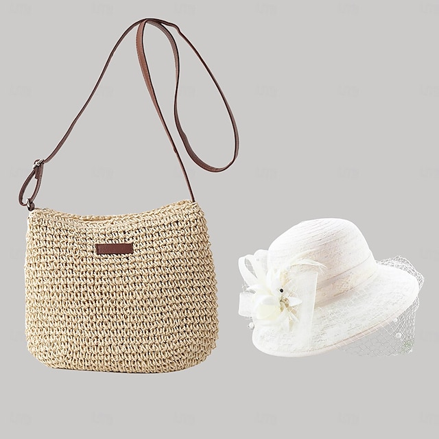  סט תיקים וכובעים לנשים תיק קרוסבודי קש יומי חג חוף קיבולת גדולה בצבע אחיד בצבע בז 'עם כובע שמש