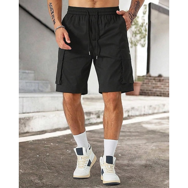  Men's Cargo Shorts Shorts Drawstring Elastic Waist Multi Pocket Plain Wearable Short Outdoor Daily Going out Fashion Classic Black Army Green