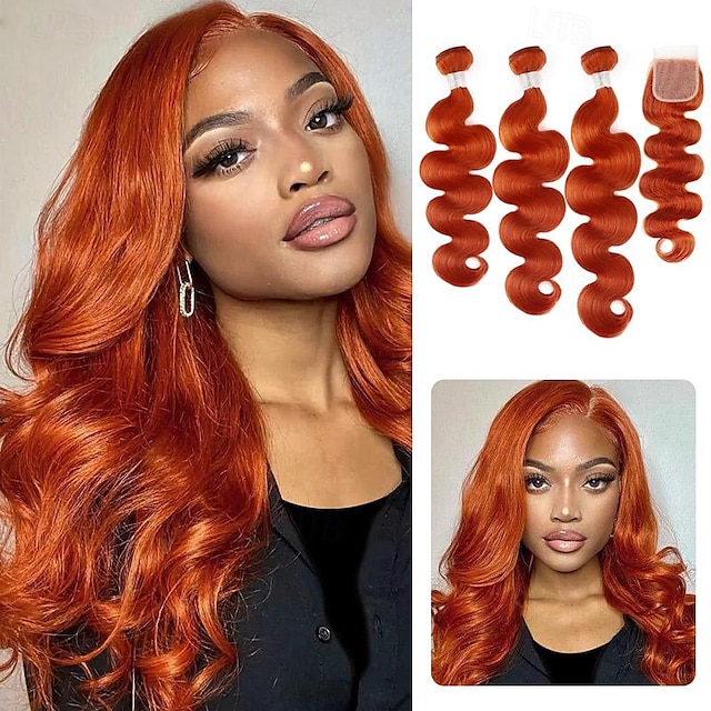  κύμα σώματος 3 &1 δέσμη με κλείσιμο #350 τζίντζερ πορτοκαλί ανθρώπινα μαλλιά ύφανση με κλεισίματα 4*4 προχρωματισμένη βραζιλιάνικη επέκταση μαλλιών