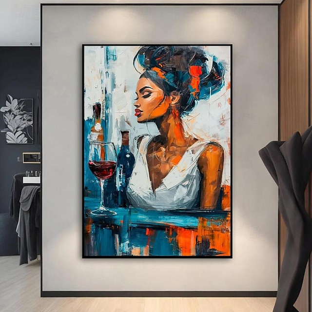  Pintado a mano mujer bebiendo vino lienzo arte chica negra con vino arte mujer soltera vino arte de la pared arte afroamericano para el hogar dormitorio decoración de la pared sin marco