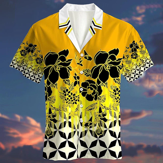 Men's Ombre Floral Geometic Summer Hawaiian Shirt Camp Collar Shirt Aloha Shirt Short Sleeve Shirt Turndown Fashion Hawaiian Designer Outdoor Street Casual Yellow Blue Orange S M L 12