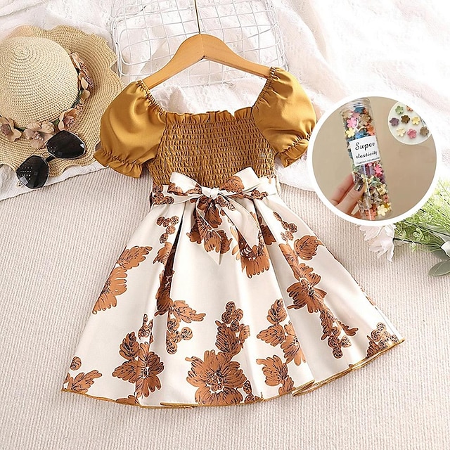  Kids Girls' Dress Floral Flower Short Sleeve Outdoor Casual Puff Sleeve Fashion Daily Cotton Above Knee Casual Dress A Line Dress Floral Dress 1-6 Years With Mini 30-Piece Hair Claw Set