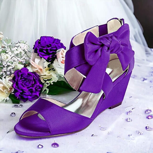 Mujer Zapatos de boda Zapatos de novia Pajarita Tacón Cuña Puntera abierta Satén Cremallera Plata Negro Blanco