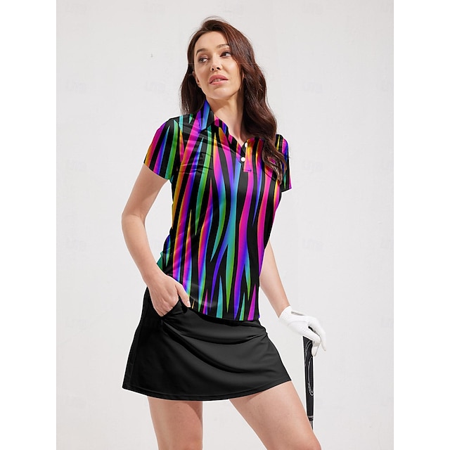  Per donna POLO Rosa Chiaro Blu Manica corta Protezione solare Superiore Strisce Abbigliamento da golf da donna Abbigliamento Abiti Abbigliamento