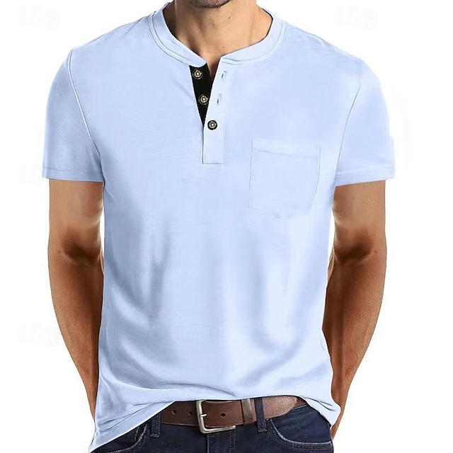  Hombre Camiseta Henley Shirt Tee Camiseta superior Plano Henley Calle Vacaciones Manga Corta Ropa Moda Design Básico
