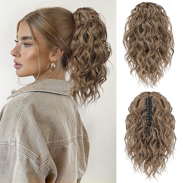  Ponytail Extension Short Claw Ponytail Extension Wavy Curly Jaw Clip in Pony tails Hair Extension Natural Synthetic Hairpiece for Women