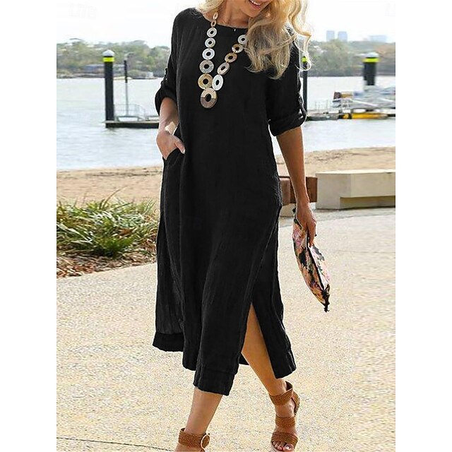 Women's Black Dark Pink khaki Summer Spring Maxi Dress Linen-Inspired Dresses Casual Dress Basic Modern Daily Weekend Loose Fit Plain Crew Neck 5