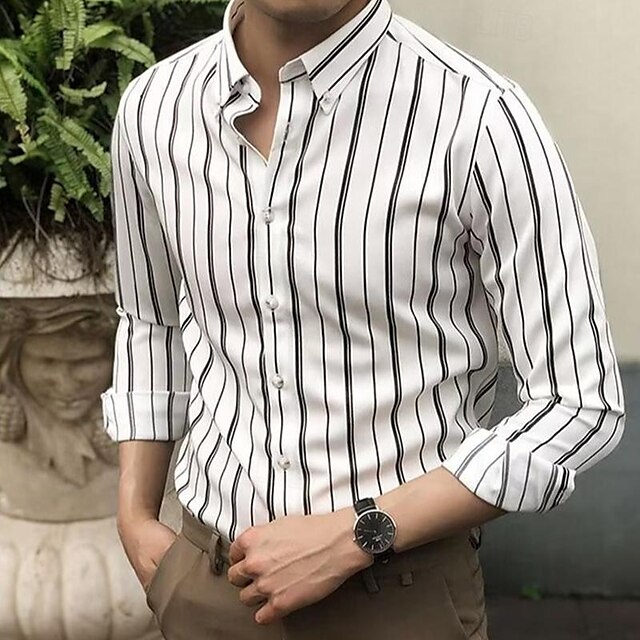  Herren Hemd Sommerhemd Freizeithemd Strandhemd Knopfhemd Gestreifte Hemden Schwarz Weiß Blau Langarm Gestreift Umlegekragen Urlaub Ferien Button-Down Bekleidung Polyester Mode Lässig Bequem