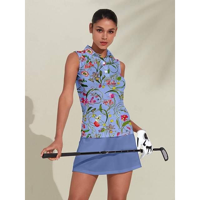 Women's Golf Polo Shirt Blue Sleeveless Top Floral Ladies Golf Attire Clothes Outfits Wear Apparel