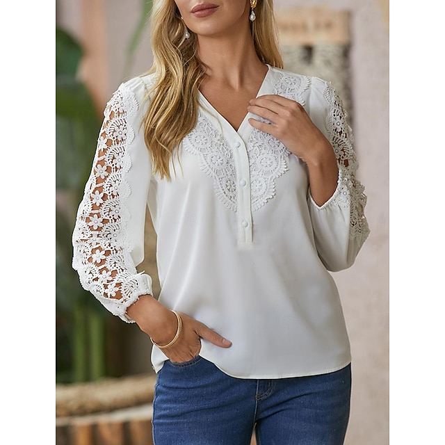  Women's Shirt Lace Shirt Blouse White Eyelet Tops Floral Graphic Butterfly Lace Button Cut Out Work Casual Elegant Vintage Fashion Long Sleeve V Neck White Spring Fall