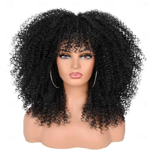  lockiga peruker för svarta kvinnor svart afro lockig peruk med lugg människohår långt kinky lockigt hår