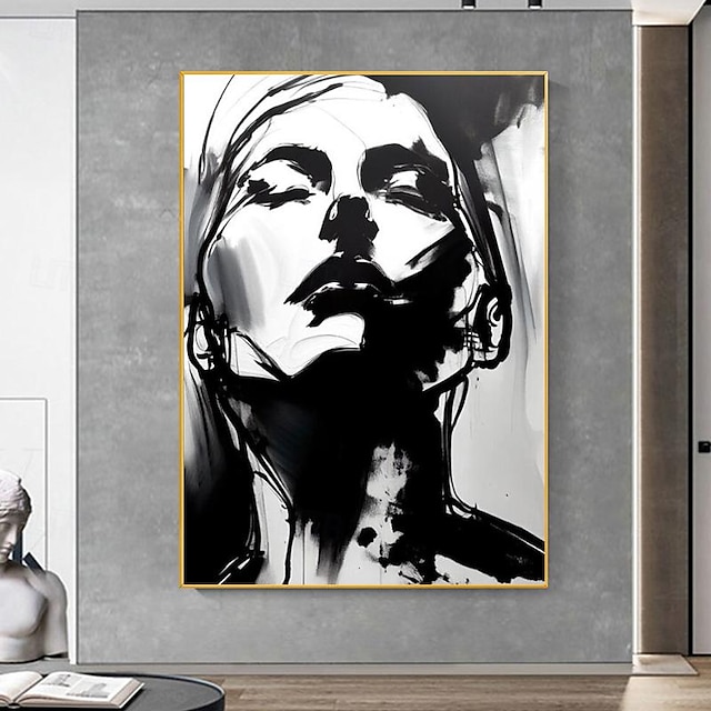  pintado à mão arte facial abstrata pintura a óleo moderno preto e branco arte de parede desenho de linha mulher retrato expressionista decoração de casa sem moldura