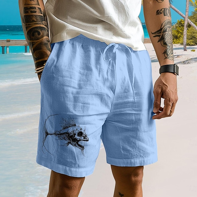  pantaloncini in cotone da uomo con stampa di pesci teschio, pantaloncini hawaiani, coulisse, elastico in vita, comfort traspirante, pantaloncini da vacanza all'aria aperta