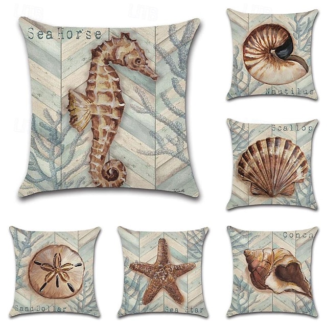  6PCS Marine Life Double Side Cushion Cover 6PC Linen Soft Decorative Square Throw Pillow Cover Cushion Case Pillowcase for Sofa Bedroom Superior Quality Machine Washable