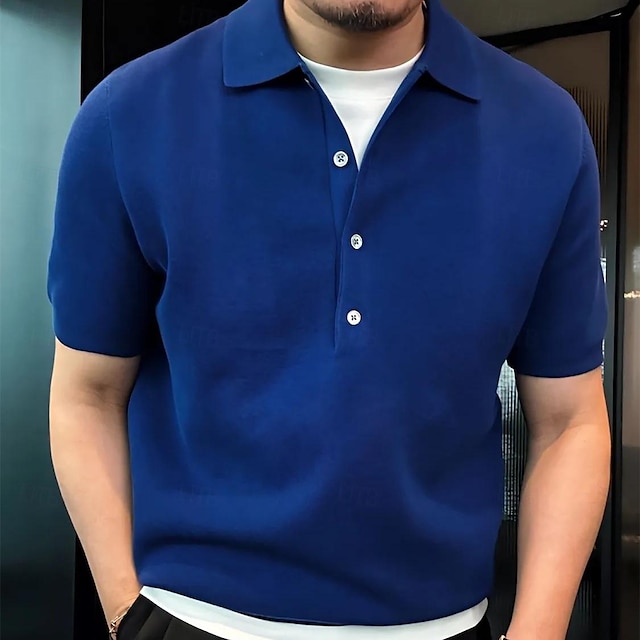  男性用 ゴルフシャツ ニットポロ カジュアル 祝日 ラペル Ｖネック 半袖 ファッション 近代の 平織り ボタン 夏 ブラック ロイヤルブルー ダークグリーン ブラウン ゴルフシャツ