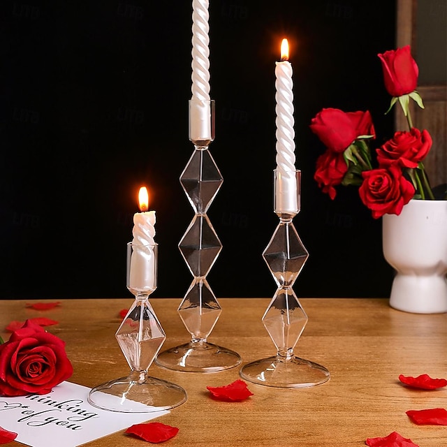  castiçal de vidro retrô transparente em forma de losango: jantares românticos à luz de velas, adereços para fotografia de casamento, decoração para mesas de sala de estar, decoração premium para um