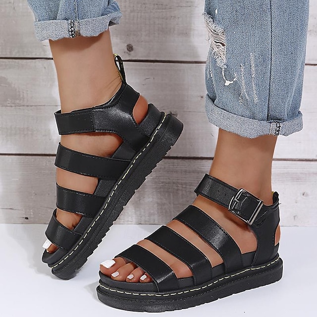 Femme Sandales Chaussures romaines Sandales de pêcheur Extérieur du quotidien Talon Plat Bout ouvert Décontractées Minimalisme Faux Cuir Vin Noir Blanche