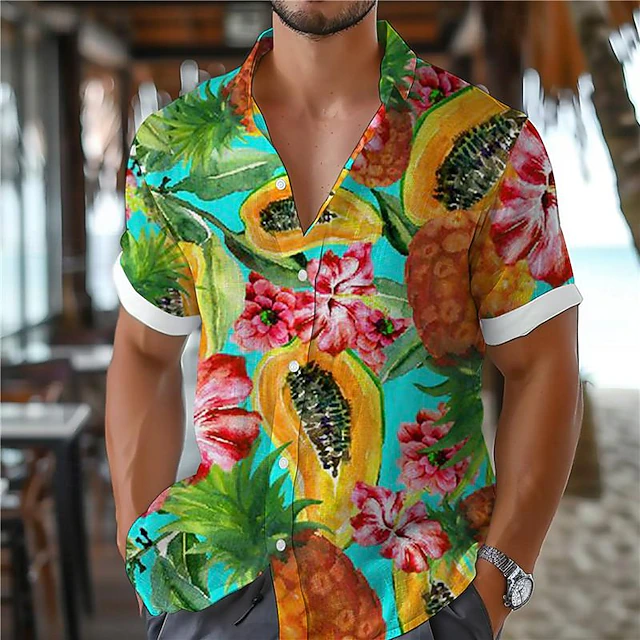 Men's Floral Pineapple Tropical Shirt Summer Hawaiian Shirt Aloha Shirt Short Sleeve Shirt Turndown Vacation Hawaiian Resort Style Outdoor Vacation Beach Yellow Royal Blue Blue S M L 8