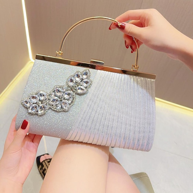  Women's Clutch Evening Bag Polyester Wedding Party Rhinestone Large Capacity Lightweight Color Block Silver Black