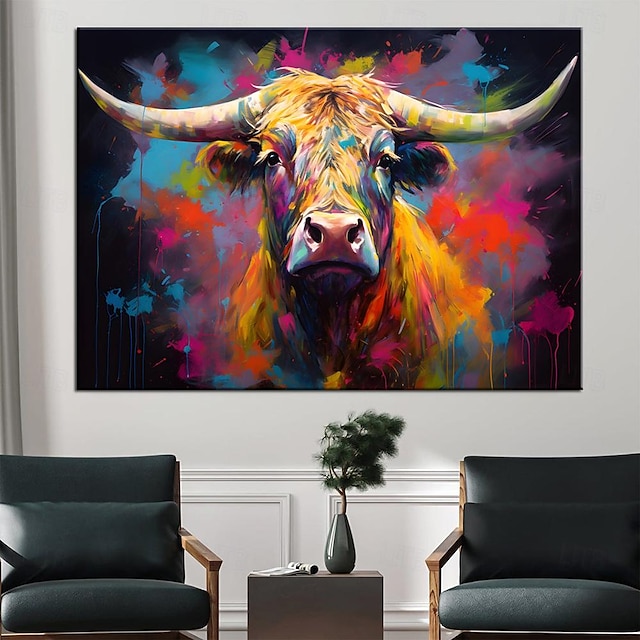  手描きの鮮やかなカラフルな抽象的な牛の油絵キャンバス手描き素朴な農家の動物の油絵ポップアート壁の装飾明るい色の動物の絵画リビングルームの寝室の家の装飾