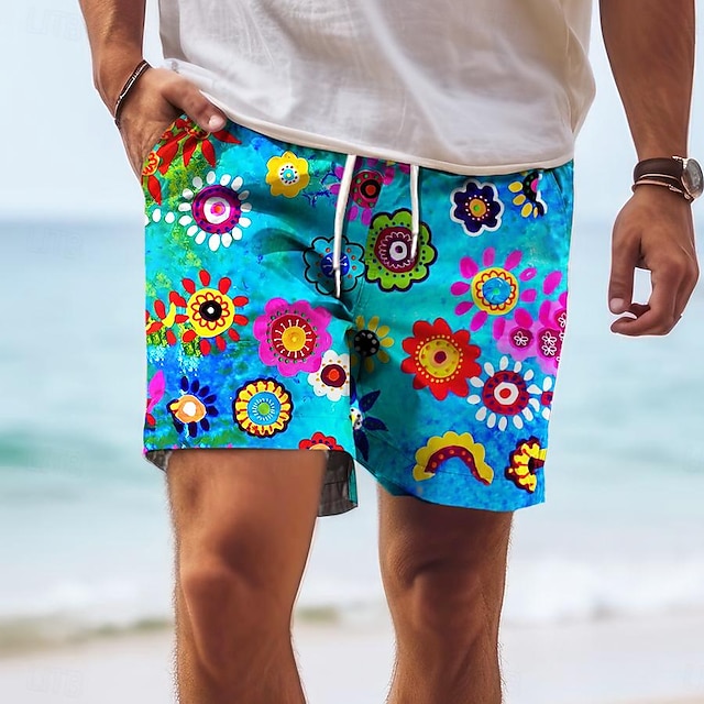  pánské šortky s květinovým potiskem havajské šortky plavky stahovací šňůrka s podšívkou ze síťoviny elastický pas dovolená plážové krátké