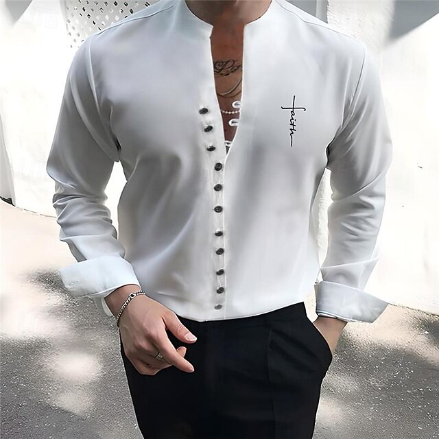 Men's Summer Shirt Button Up Shirts Ethnic Shirt Faith Outdoor Party White Long Sleeve Standing Collar Spring & Summer Clothing Apparel Print4