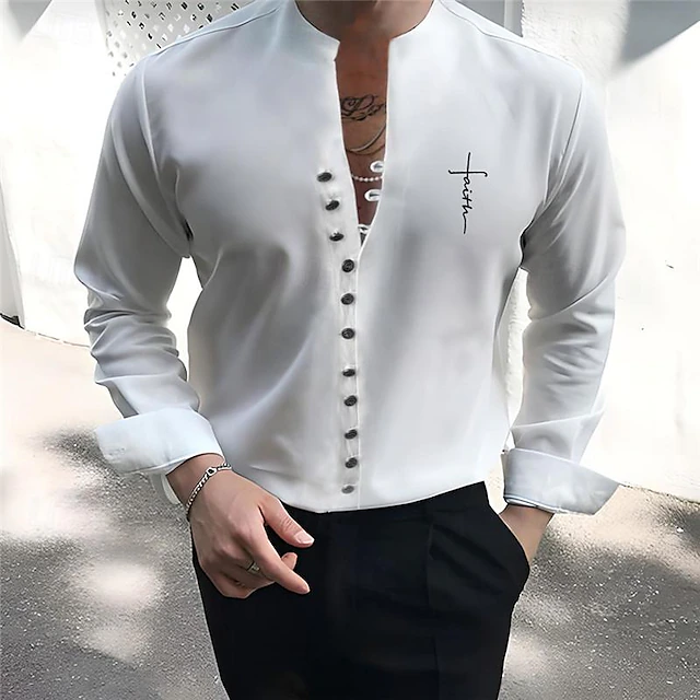 Men's Summer Shirt Button Up Shirts Ethnic Shirt Faith Outdoor Party White Long Sleeve Standing Collar Spring & Summer Clothing Apparel Print4