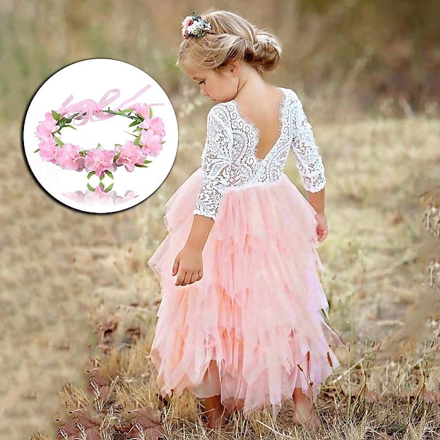  Kids Little Girls' Pink Party Princess Flower Lace Scalloped Tulle Back Backless Tutu Top Edges Tiered Girl Dress With Floral Headband
