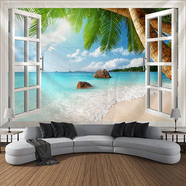Window Beach View Hanging Tapestry Wall Art Large Tapestry Mural Decor Photograph Backdrop Blanket Curtain Home Bedroom Living Room Decoration 6