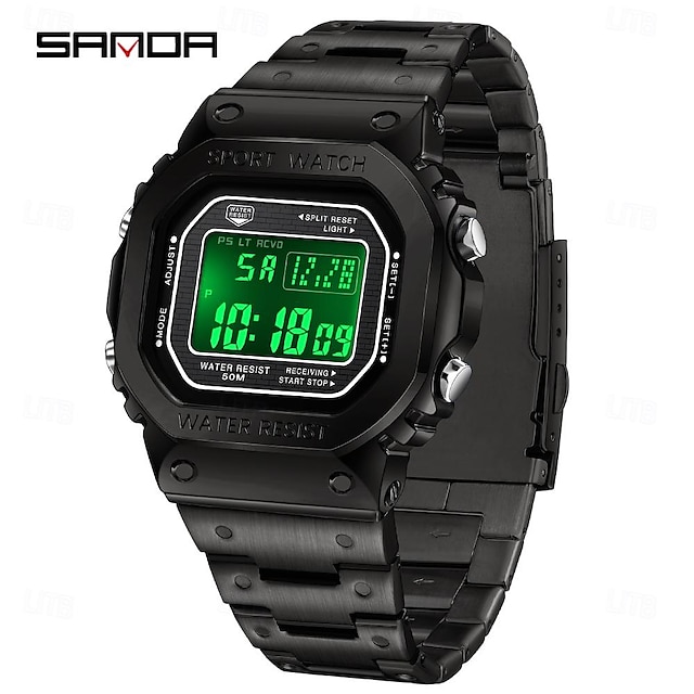  SANDA Men Digital Watch Large Dial Sports Fashion Business Luminous Stopwatch Alarm Clock Countdown Stainless Steel Strap Watch