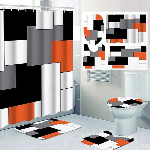  Set di tende da doccia in 4 pezzi con robusto bagno antiscivolo e robusto tappetino da bagno con motivo geometrico in poliestere impermeabile con 12 ganci per la decorazione del bagno