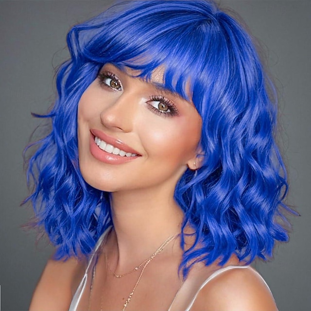  Pelucas onduladas azules para mujer, peluca de pelo sintético con flequillo para uso diario