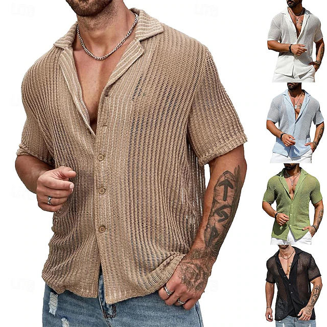 Men's Shirt Summer Shirt Button Up Shirt Black White Light Green Sky Blue khaki Short Sleeves Solid / Plain Color Open Front Daily Wear Hole Clothing Apparel Tropical 7
