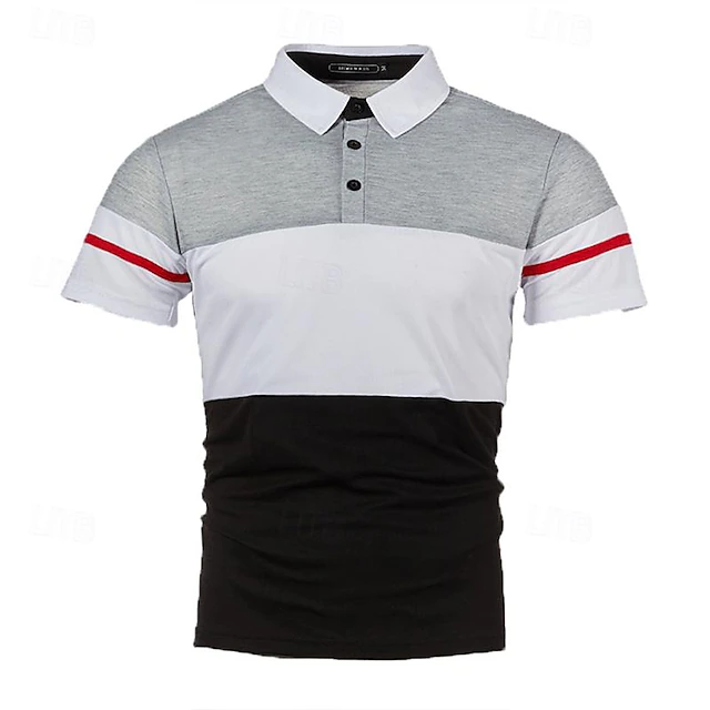 Men's Golf Shirt Golf Polo Work Casual Lapel Short Sleeve Basic Modern Color Block Patchwork Button Spring & Summer Regular Fit Black Red Navy Blue Light Grey Golf Shirt 10