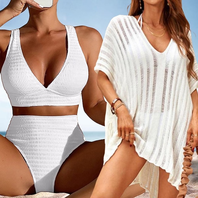  Women's High Waist Bikini Sets Swimsuit with White Crochet Swim Cover Up Shirt Dress 3 PCS Outfits Boho Bohemian Vacation Hawaiian Beach Spring & Summer