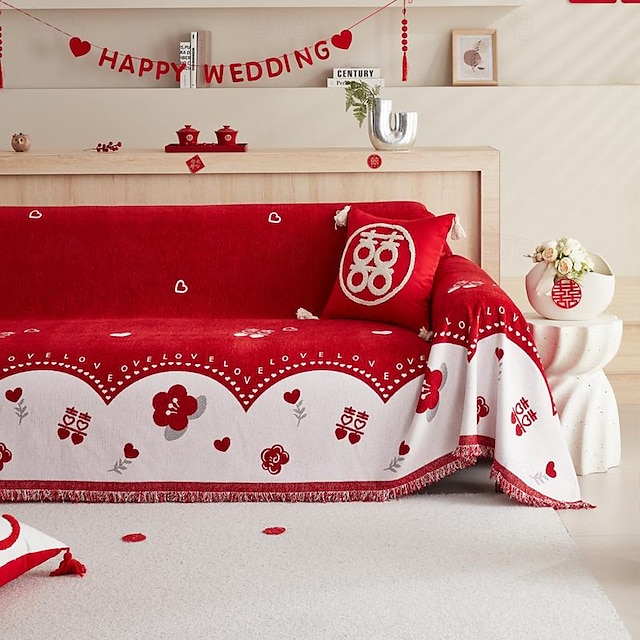  ソファとベッド用のスローブランケット、柔らかく居心地の良いソファカバー、タッセル付きシェニールブランケット、装飾ブランケットとスロー、結婚式用の赤い先染めブランケット