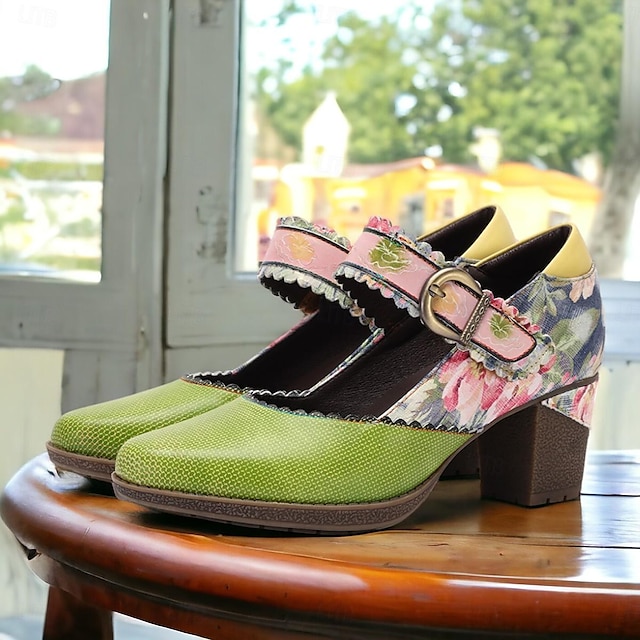  Női Magassarkúak Pompák Mary Jane Kézzel készített cipők Vintage cipők Esküvő Parti Virágos Magas Fantasy sarok Kerek orrú Elegáns Szüret Bőr Zöld