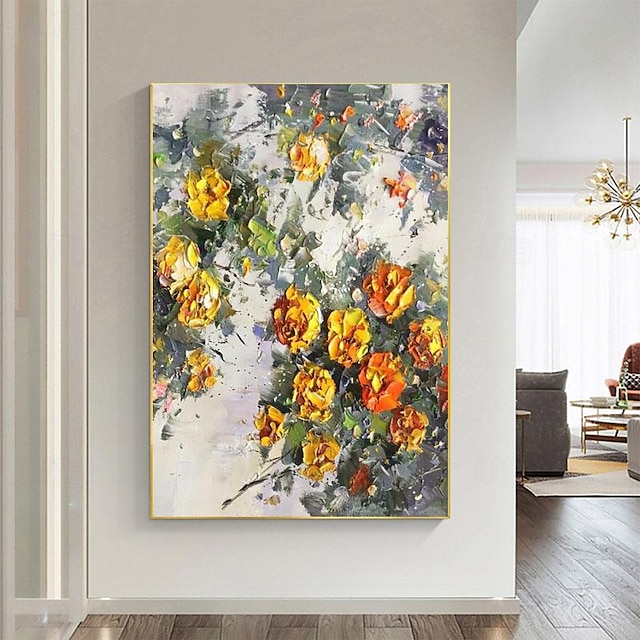  ハンドペイント大型抽象油絵オリジナルキャンバスアート壁装飾手作り黄色の花の葉の絵画モダンなアートワーク (フレームなし)