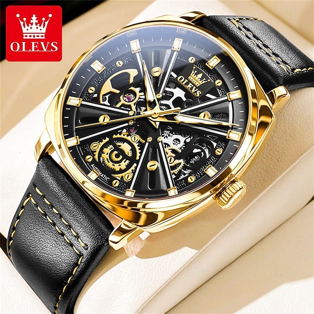  OLEVS Men Mechanical Watch with Chain Luxury Large Dial Business Hollow Skeleton Luminous Waterproof Decoration Leather Watch