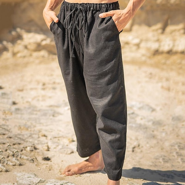  Men's Linen Pants Trousers Summer Pants Beach Pants Pocket Drawstring Elastic Waist Plain Comfort Breathable Daily Holiday Vacation Hawaiian Boho Black