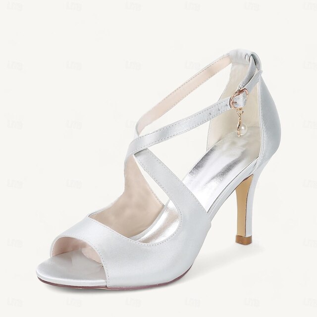 Women's Wedding Pearl Stiletto Faux Leather Open Toe Strappy High Heel Bridal Shoes
