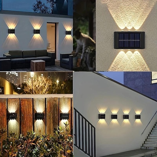  1 lampă de perete rezistentă la apă alimentată cu energie solară, curte, grădină, gard, lampă scară, 6 margele led