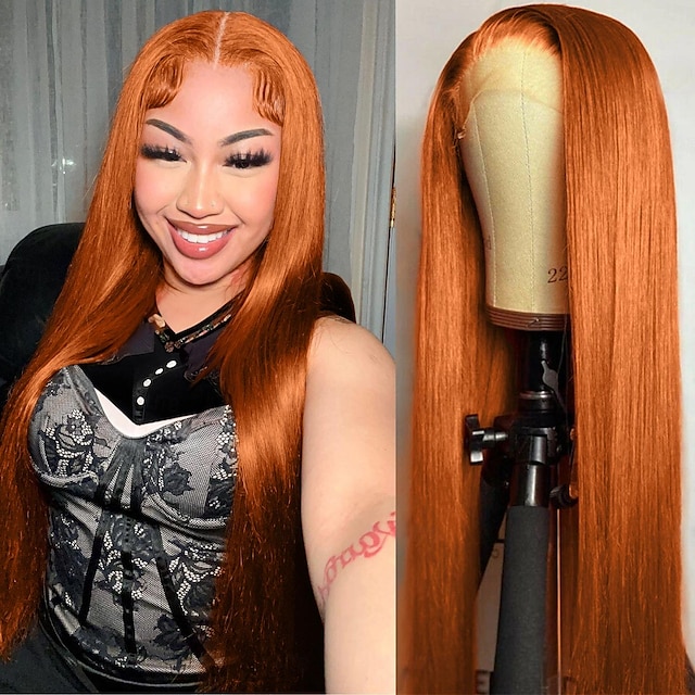  13x4 кружевные фронтальные парики из человеческих волос имбирно-оранжевого цвета # 350 прямые волосы, свободная часть линии роста волос, предварительно выщипанные с детскими волосами, прозрачное