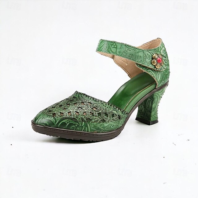Floral Motif Cowhide Leather Velcro Heel